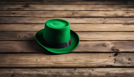 A green leprechaun hat lying on a wooden background. It is a classic symbol of St Patrick's Day, a popular Irish holiday celebrating Irish culture and heritage.の写真素材