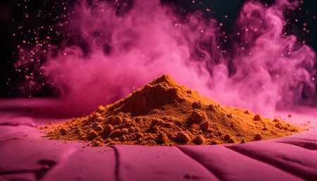 A close-up image of turmeric powder with pink smoke in the background, showing the spice's vibrant yellow-orange color and texture.の写真素材