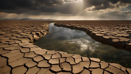 A wide shot of a parched desert landscape with cracked earth. A narrow stream of water cuts through the dry land, reflecting the cloudy sky above.の写真素材