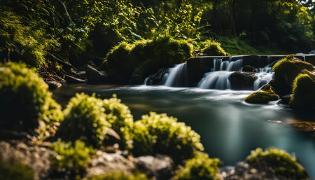 A mesmerizing waterfall cascades down moss-covered rocks in a lush, green forest. The water flows smoothly, creating a peaceful and tranquil atmosphere. Sunlight filters through the trees, casting dappled shadows on the foliage and illuminating the cascading water.の写真素材