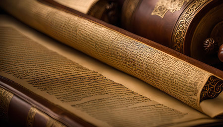 A close-up view of an ancient scroll, intricately revealing writing and highlighting the beauty and history of written words.の写真素材