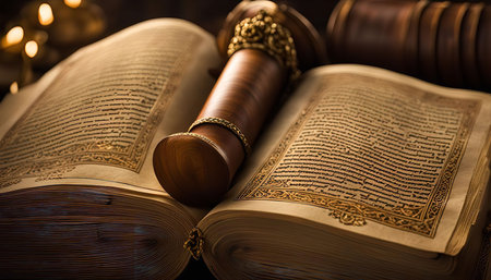 Close-up of an aged book with a scroll laying upon it. The book is worn and the scroll is decorated with gold. The pages are filled with intricate writing.の写真素材