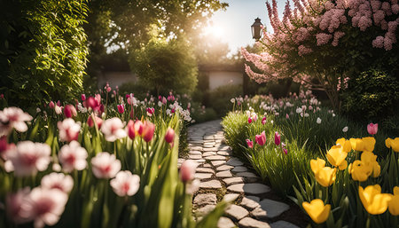 A picturesque stone pathway winds through a vibrant garden bursting with a symphony of colors. The pathway leads the eye towards a sunlit canopy of trees, promising a peaceful escape into the heart of nature.の写真素材