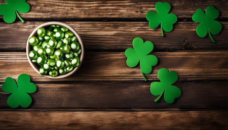 A festive St. Patrick's Day table setting featuring shamrocks and a bowl of green candy. The traditional green color and shamrock decorations create a festive and joyful atmosphere.の写真素材