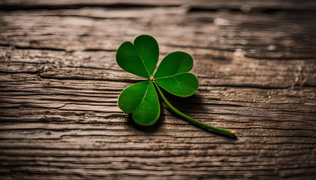A close-up shot of a vibrant green clover leaf resting on a rustic wooden background. The clover's four leaves symbolize good luck, capturing the essence of Irish culture and tradition. The light shines through the clover, highlighting its natural beauty.の写真素材