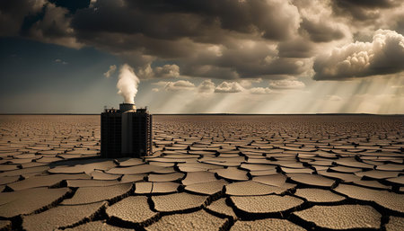 A factory in a dried out desert under a stormy sky. It represents the impact of industrialization on the environment.の写真素材