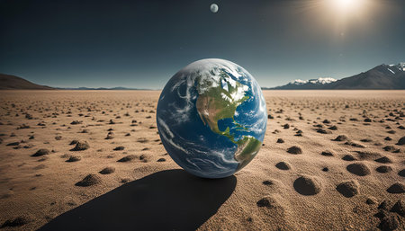 A globe representing Earth lies on a barren desert landscape, a powerful visual metaphor highlighting the impact of climate change and the need for environmental awareness.の写真素材