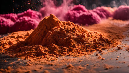 A close-up of a pile of orange powder exploding with pink clouds in the background. The vibrant colors and dramatic lighting create a stunning image.の写真素材
