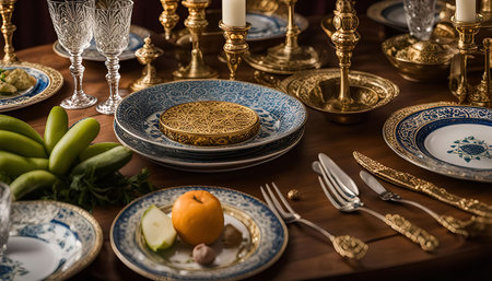 A beautifully set table with gold-rimmed china, crystal glasses, and ornate gold cutleryの写真素材