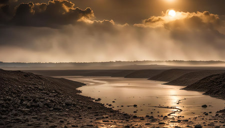 A picturesque scene of a lake bathed in golden light from the setting sun. The clouds create a dramatic backdrop, with rays of light breaking through.の写真素材