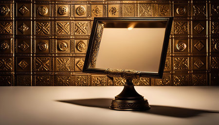 A vintage, ornately framed mirror sits on a table with a golden background, creating reflections and an elegant atmosphere.の写真素材