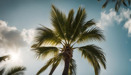 A close up of a palm tree reaching upwards towards a bright sunny sky.の写真素材