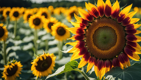 A close-up view of a red sunflower with yellow petals, in a field full of other sunflowers. The sunflower is in focus, with the other sunflowers blurred in the background. The image is vibrant and colorful, and it captures the beauty of nature.の写真素材