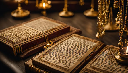 A close-up of an ancient religious text with golden ornaments. The book is open and the pages are illuminated by candlelight. The scene is both beautiful and evocative of the sacred and the spiritual.の写真素材