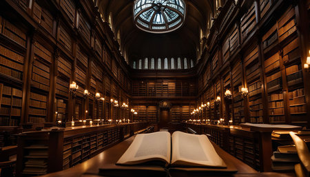 A grand library interior with towering bookshelves filled with books. The interior is illuminated by warm lighting, creating a warm and inviting atmosphere.の写真素材