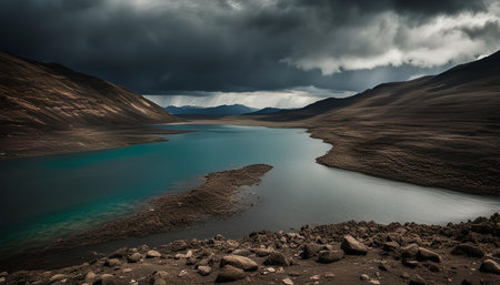 A tranquil mountain lake nestled amidst a rugged landscape, with a dramatic sky filled with dark storm clouds and a glimpse of sunlight.の写真素材