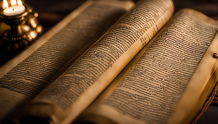 A close-up view of an antique book with aged pages, lit by a candle. The book is open, revealing the texture and detail of the worn pages.の写真素材