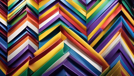 A vibrant abstract pattern created with folded colorful paper. The geometric shapes and contrasting...