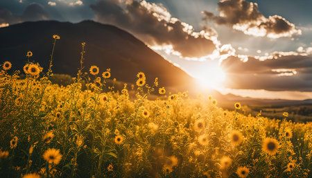 Sunflowers bask in the warm glow of a setting sun, their golden petals reflecting the vibrant light of the sky. The field stretches out before a distant mountain, creating a picturesque scene of nature's beauty.の写真素材
