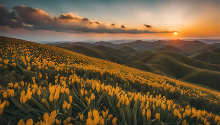 A breathtaking sunset over a field of yellow flowers, showcasing rolling green hills in the...