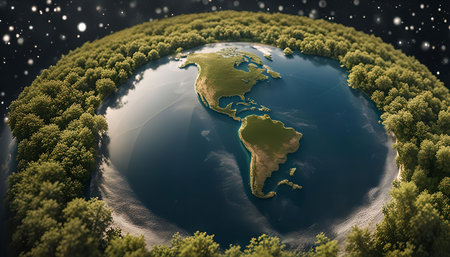 A digital illustration of Earth surrounded by lush green forests. The image depicts a message of environmental protection and the importance of nature.の写真素材