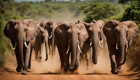 A herd of African elephants running through the savanna, kicking up dust as they moveの写真素材