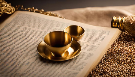 A golden chalice rests on a saucer atop an open antique book, surrounded by a scattering of small, beige seeds, all bathed in warm light.の写真素材