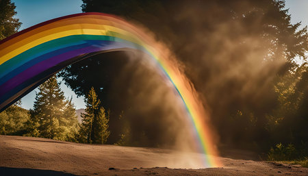 A vibrant rainbow emerges from a swirling mist, creating a breathtaking spectacle of nature's artistry.の写真素材