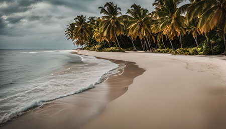 A scenic tropical beach with palm trees lining the shore, showcasing turquoise water and a cloudy sky.の写真素材