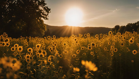 A stunning view of a field of sunflowers bathed in the golden light of sunset. The vibrant yellow blooms stand tall against the warm sky, creating a beautiful and serene scene.の写真素材