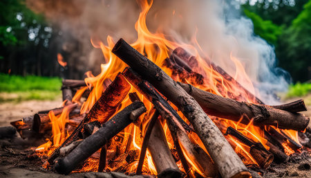 A close-up shot of a bonfire burning fiercely with bright flames licking up into the air. The burning logs are stacked in a rustic fashion, with smoke rising from the embers.の写真素材