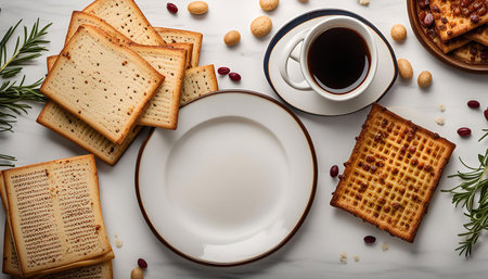 A flatlay image showing a cup of coffee, a plate, and various snacks arranged on a white background,...