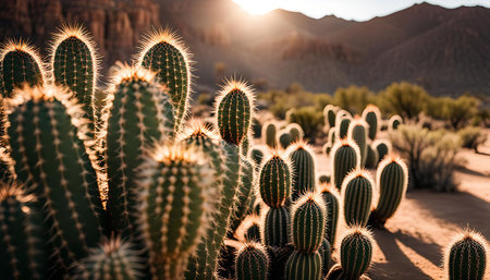A close up of a cactus garden bathed in the warm light of the setting sun.の写真素材