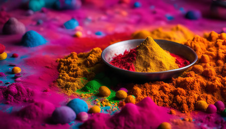 A close-up shot of colorful powder, possibly used for Holi celebrations, with vibrant hues and textures. The powder is spread on a surface, creating a vibrant abstract pattern. It's a joyous and celebratory image.の写真素材