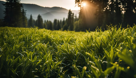 A panoramic view of a vibrant green meadow bathed in the warm glow of sunrise. The sun's rays illuminate the lush grass and trees, creating a sense of peace and tranquility. The distant mountains add depth and grandeur to the scene.の写真素材