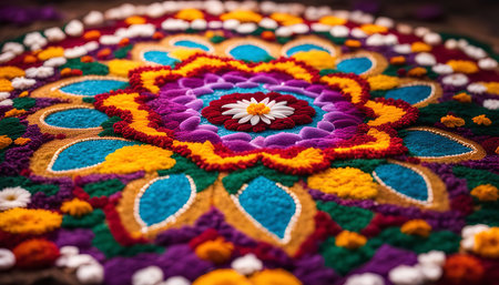 A close-up of a colorful floral mandala, with a detailed design and vivid colors. The mandala is a symbol of the universe and is often used in religious and spiritual practices.の写真素材