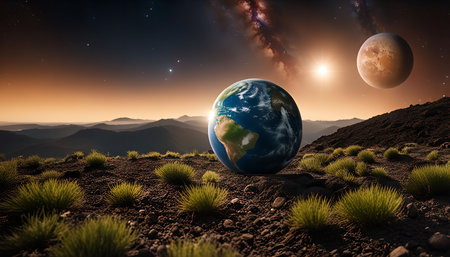 A breathtaking image of Earth in space. The planet is seen as a blue and green globe, with the Milky Way galaxy stretching across the sky.の写真素材