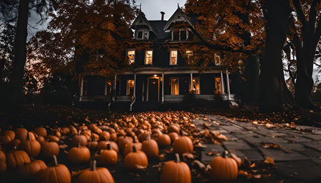 A spooky, old house with a porch and a pathway leading up to it. Pumpkins are scattered on the path in front of the house. The trees surrounding the house are bare and the grass is covered in fallen leaves, suggesting it is autumn.の写真素材