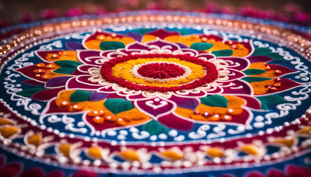 A colorful rangoli design created for the Diwali festival. The intricately patterned and vibrant colors create a beautiful and festive atmosphere.の写真素材