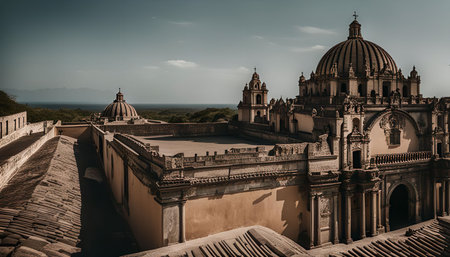 A breathtaking view of a historic church in Mexico, showing its ornate architecture and towering dome.の写真素材