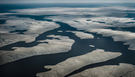 An aerial view of frozen landscapes, featuring ice-covered mountains and water bodies, showing the...