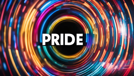 Abstract representation of pride with colorful lights forming a swirling pattern with the word PRIDE in the center.の写真素材
