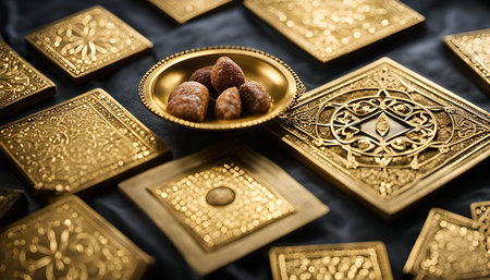 Close-up of intricately decorated golden plates with sweet treats, showing the richness and elegance of the design.の写真素材