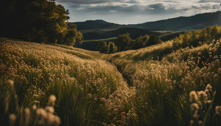 A field of golden grass stretches towards rolling hills under a clear blue sky. The sun is shining and the light is warm and inviting.の写真素材