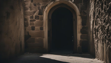 A stone archway entrance leading into a darkened space. The ancient architecture and rustic details create a mysterious and historical atmosphere.の写真素材