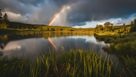 A rainbow arches over a tranquil lake, its reflection mirrored in the still water. The sky is a canvas of soft gray and blue, with fluffy clouds adding depth to the scene. Green trees line the banks of the lake, creating a picturesque backdrop.の写真素材