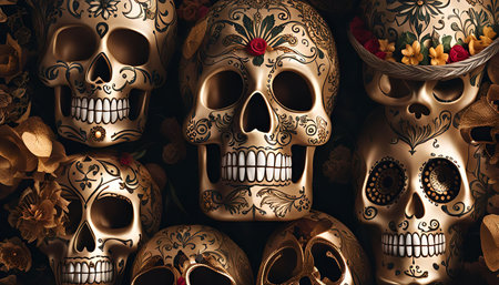 A collection of intricately decorated sugar skulls for Dia de los Muertos, a Mexican holiday celebrating the deceased. Each skull is adorned with colorful patterns, flowers, and intricate designs.の写真素材