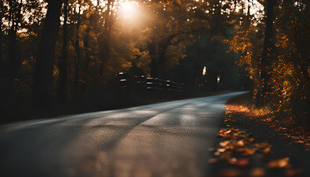 A winding road through a forest in autumn, bathed in golden sunlight.の写真素材