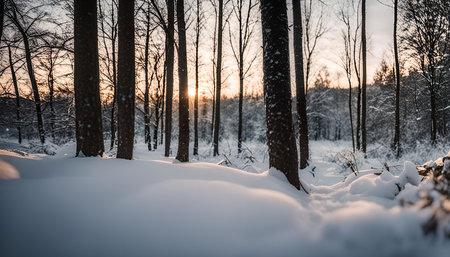 A picturesque winter scene with snow-covered trees and a warm sunset in the background.の写真素材