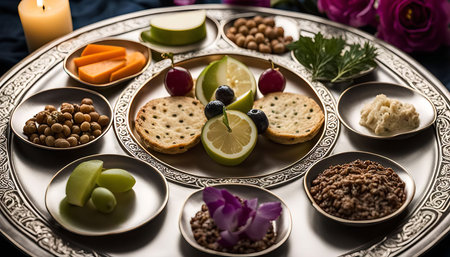 A beautifully arranged assortment of food on a silver platter, featuring fruits, crackers, nuts, and dips, creating a visually appealing and delicious spread.の写真素材